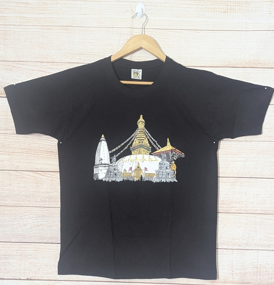 Unisex Size 40 White 100%Cotton Top Lord Swyambhu Stupa Print  T-shirt Black